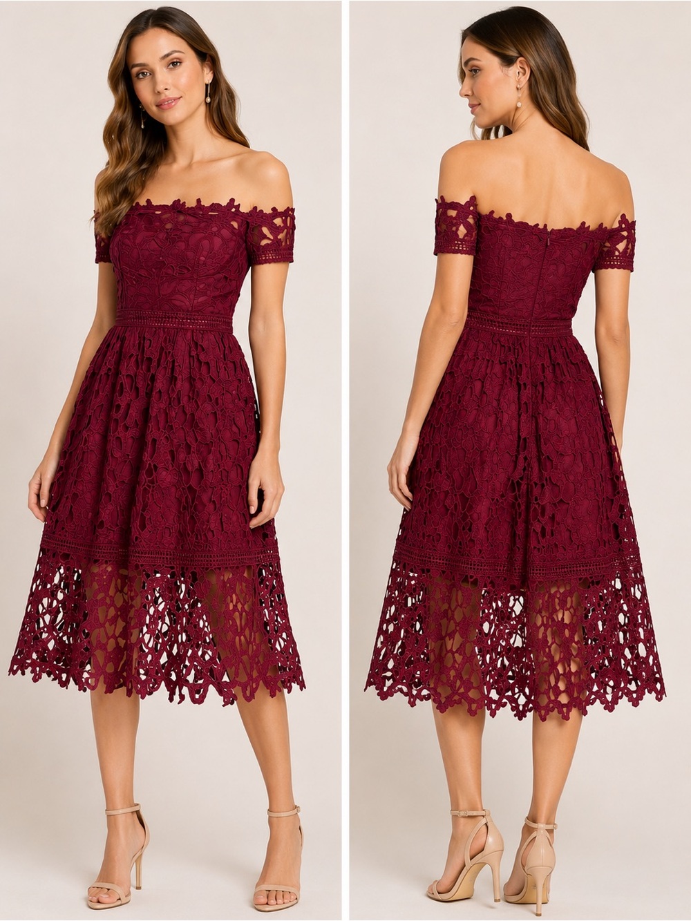 Chi Chi London Burgundy Lace Floral Midi Dress Off Shoulder Design Womens Size 6